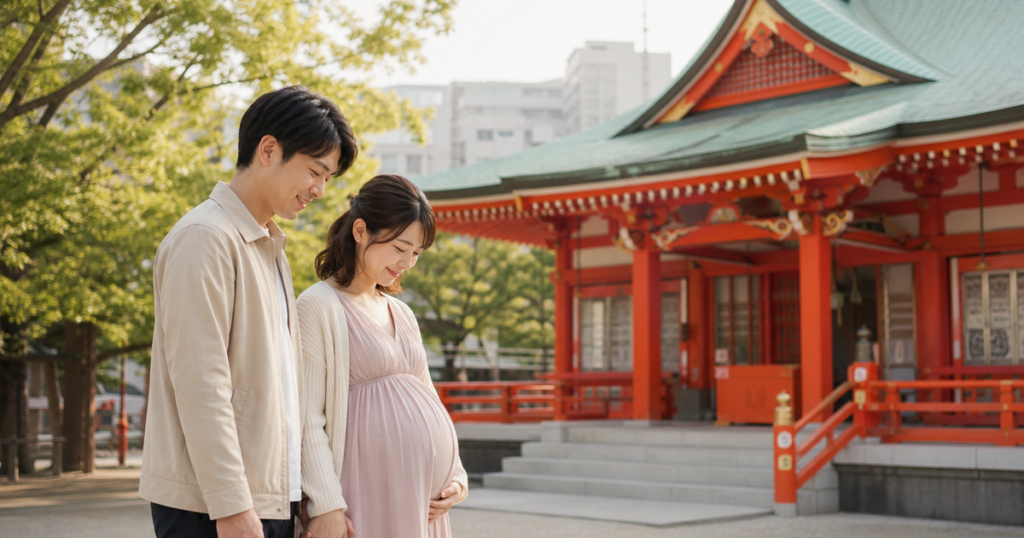 朱色の拝殿の前で寄り添う妊婦さんと夫