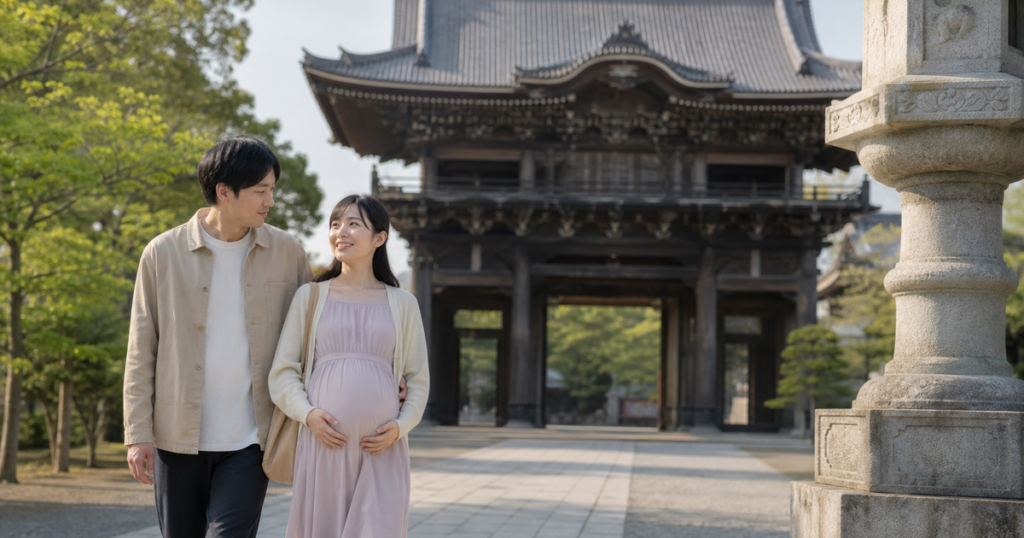 大きな寺院の山門と参道を、寄り添って歩く妊婦さんと夫