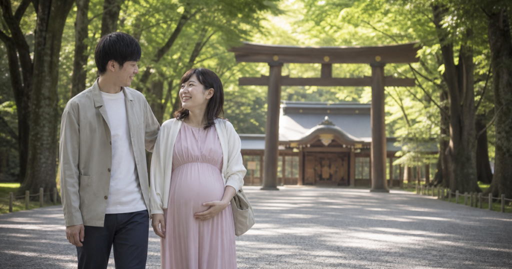 欅の並木が続く神社の参道で、寄り添って歩く妊婦さんと夫