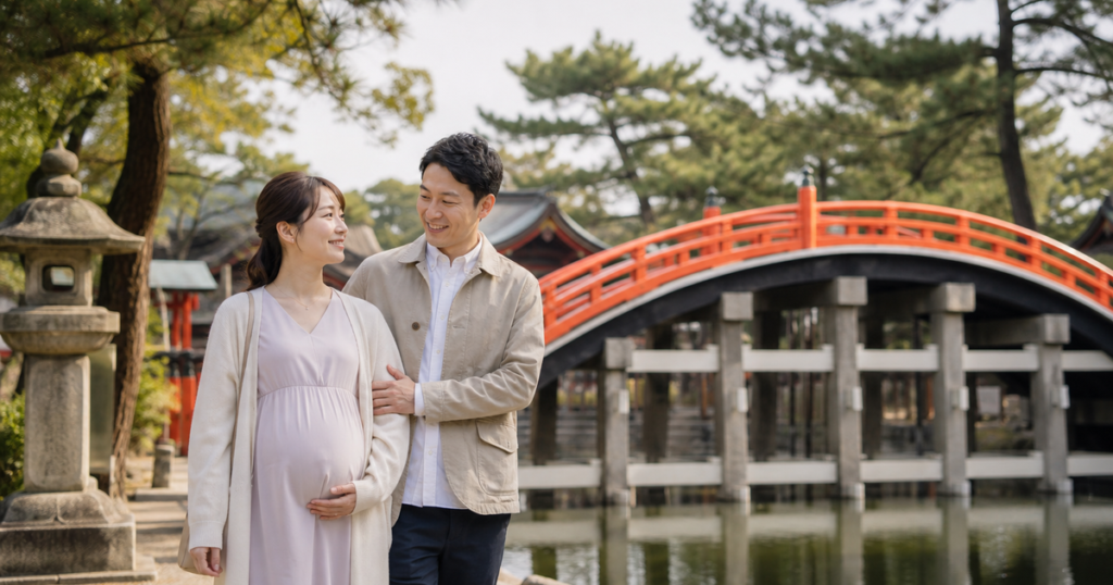 朱塗りの太鼓橋が見える神社の境内を寄り添って歩く妊婦さんと夫